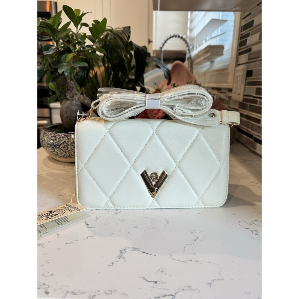 Valentino Orlandi White Diamond Quilted Gold Tone Hardware Crossover Handbag